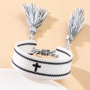 Bracciale Bohemian in Cotone Tessuto a Mano Con Ricamo a Croce e Nappe Polsino in Tessuto Bianco e Nero Regolabile Donna Gioielli