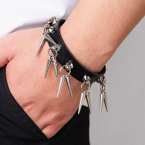 Punk rock cowhide leather bracelet featuring silver metal rivet spikes for men