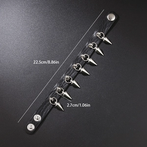 Punk black leather collar bracelet with silver bullet spikes and 22.5cm adjustable buckle