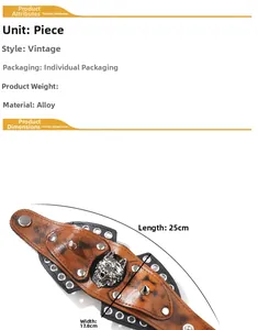 Detail of vintage brown leather cuff featuring silver wolf head carving and punk metal studs