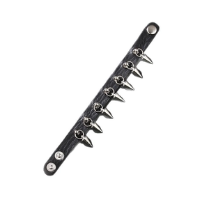 Punk black leather bracelet with silver metal spikes and adjustable snap buttons