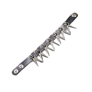 Punk style leather bracelet featuring nine silver metal spikes and adjustable snap buttons