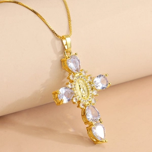 Vintage Religious Virgin Mary Cross Pendant Necklace For Women Men Gold Zirconia Inlaid Stainless Steel Chain Punk Jewelry