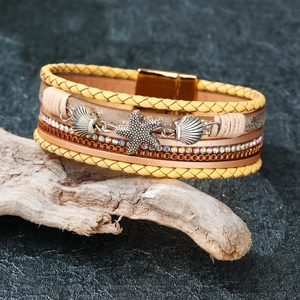 Bracelet Multicouche en Cuir Bohème Strass Pendentif Étoile de Mer Coquillage Fermoir Magnétique Bijoux de Plage pour Femme Mode