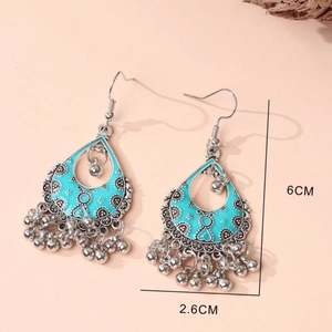 Bohemian silver drop earrings with sky blue enamel, floral patterns and metal bells