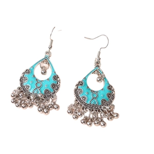 Ethnic bohemian drop earrings with blue enamel, silver metal hollow design and small bells