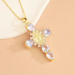 Gold cross necklace with Virgin Mary relief and pear-cut zircon stones on box chain
