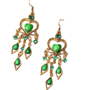 Ethnic style heart drop earrings in antique gold with green turquoise stones and tassels