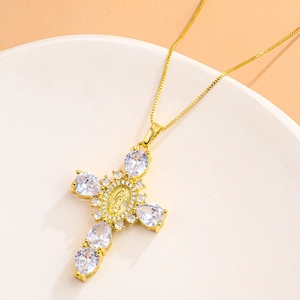 Gold-plated cross necklace with pear-cut zircons and Virgin Mary relief on box chain