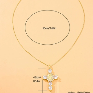 Gold stainless steel cross pendant necklace with white marquise stones and dimensions