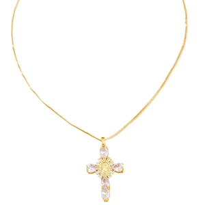 Gothic gold cross pendant necklace with clear zircon stones and Mary emblem on snake chain