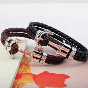 Men's braided leather anchor bracelets in black and brown with silver alloy hooks