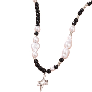 Baroque pearl necklace with black round beads and silver star pendant for hip-hop style