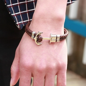 Men's retro anchor bracelet with dark brown braided leather and silver metal clasp