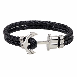 Men's black braided leather bracelet with a polished silver metal anchor clasp