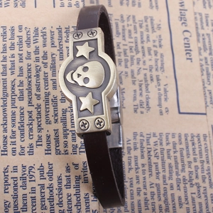 Vintage punk leather bracelet with bronze skull and double star alloy embellishments