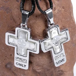 Punk Stainless Steel Cross Skull Pendant Necklace Rhinestone Inlaid Personalized Only Love Engraved Curb Chain Jewelry Gift