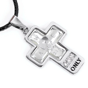 Close-up of silver punk cross pendant with ONLY engraving and black leather cord