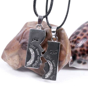 Silver couples necklace set with moon rhinestone charms on black cords for partners