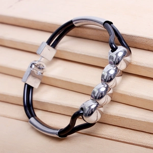 Minimalist double-layer black PU leather bracelet with polished silver metal beads