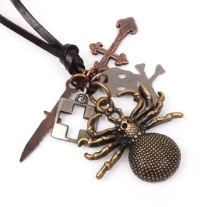 Collier Pendentif Araignée Punk Gothique Bronze Vintage Corde en Cuir de Vache Marron Crâne Croix Alliage Bijoux pour Hommes