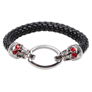 Vintage Punk Braided Leather Skull Bracelet For Men Silver Alloy Skull With Red Rhinestone Eyes Gothic Rock Jewelry Gift