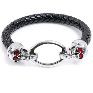 Skull leather woven bracelet with red crystal eyes and vintage silver metal rings