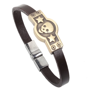 Punk skull leather bracelet with vintage bronze plating and stars for men and women