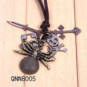 Collier pendentif araignée en bronze vintage avec breloques gothiques et cordon cuir