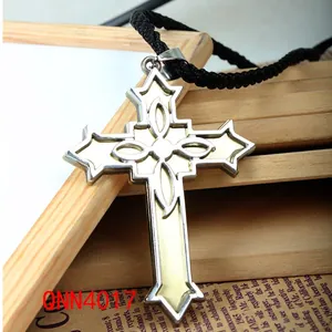 Victorian style stainless steel cross pendant with yellow inlay and woven cord necklace