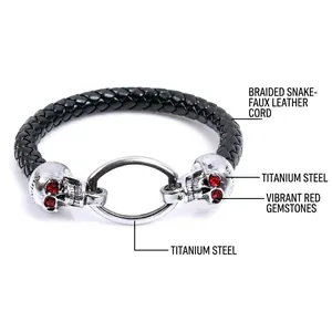 Braided leather skull bracelet with red gemstone eyes and titanium steel hardware
