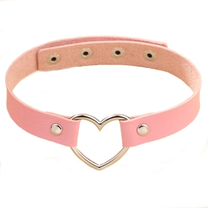 Detailed view of pink leather choker with heart pendant and adjustable snap buttons