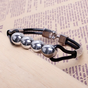 Minimalist black braided PU leather bracelet with four polished silver alloy beads