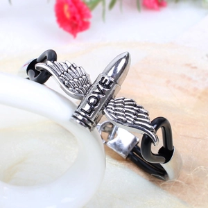 Punk Alloy Wings Bullet LOVE Charm Bracelet For Men Women Black PU Leather Double Tube Bangle Fashion Jewelry Wristband Gift