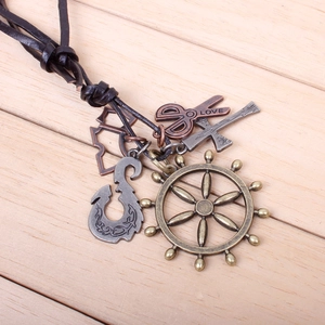 Vintage nautical leather rope necklace featuring bronze ship wheel and mixed alloy pendants