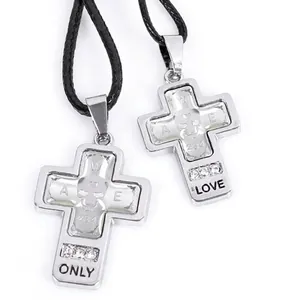 Punk style cross skull pendant with white zircons and black woven cord for men