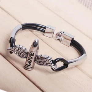Punk leather bracelet featuring wings, bullet charm and LOVE engraving for men