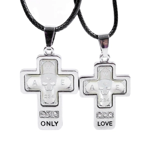 Punk style stainless steel cross couple pendants with skull design and ONLY LOVE text