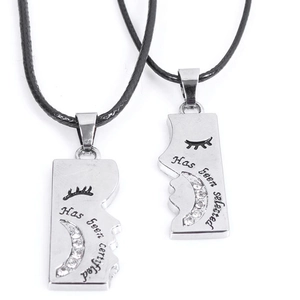 Couples stainless steel puzzle moon pendant necklaces with rhinestone and black cords
