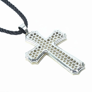 Silver hollow honeycomb cross pendant necklace with black braided rope for men and women