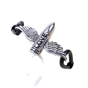 Fashion punk style wing and bullet bracelet with LOVE engraving and black pu straps