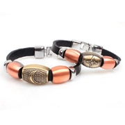 Detail of leather bracelets featuring moon and star antique bronze charms and metal clasp