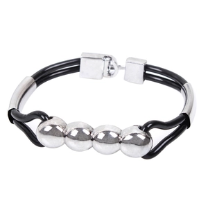 Minimalist double-strand black rubber bracelet with polished silver metal beads and clasp