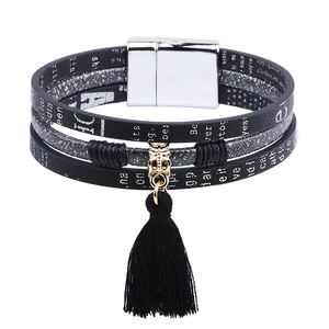 Fashion Multi-layer Wrap Bracelet With Stainless Steel Magnetic Buckle Leather Tassel Wristband For Women Daily Jewelry Gift