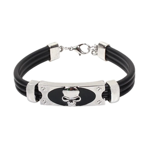 Punk skull charm bracelet with black silicone braided cords and silver alloy plate