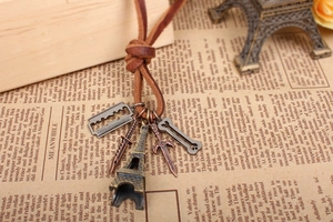 Retro leather necklace set with bronze Eiffel Tower and vintage metal pendants