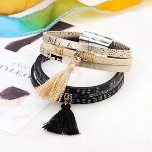 Multilayer PU leather wrap bracelet with cotton tassels and magnetic buckle closure