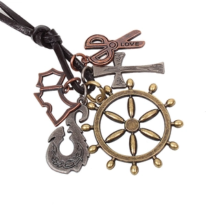 Vintage Punk Copper Alloy Rudder Pendant Necklace Antique Bronze Cross Scissors Charms Cowhide Rope Long Chain Jewelry