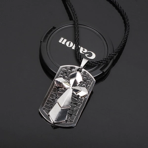 Mens cross pendant necklace with silver crocodile texture and black woven rope chain