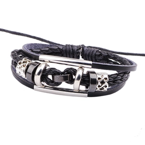 Men's multilayer black braided leather bracelet with silver metal charms and hematite beads